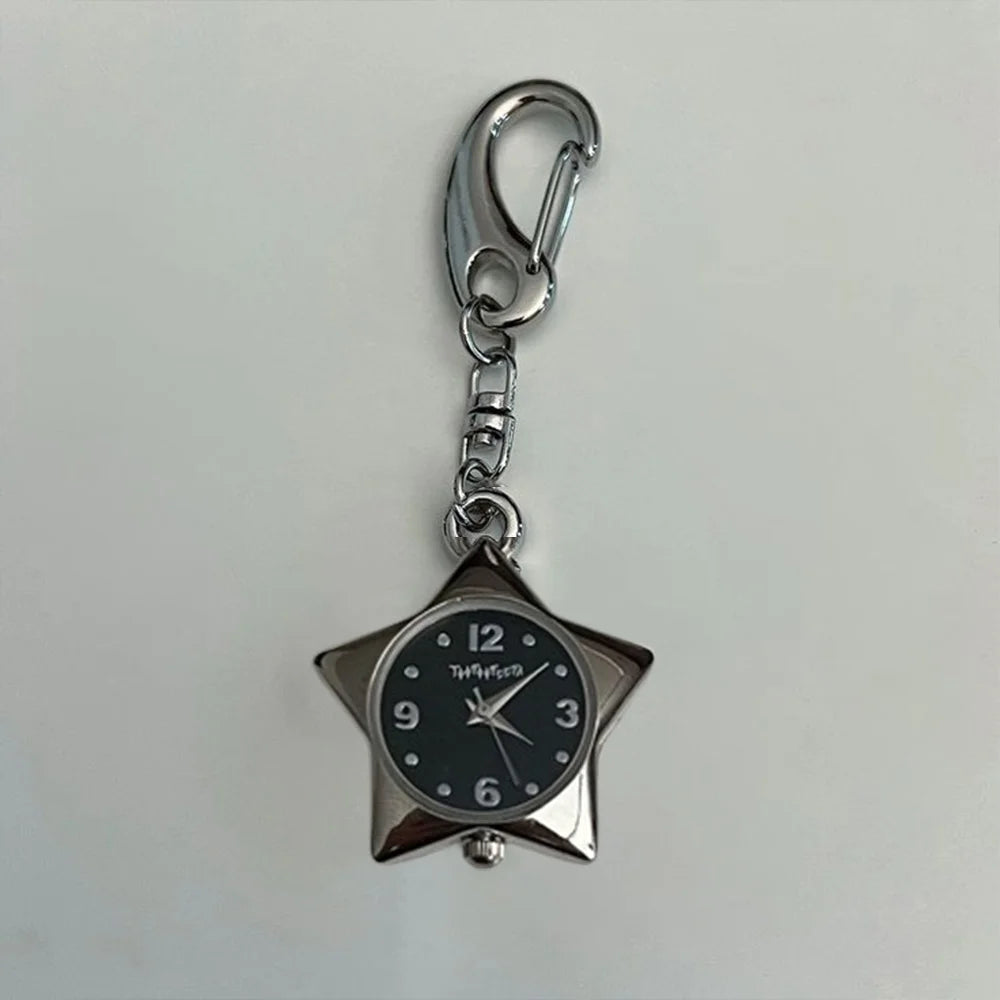 Silver star-shaped pocket watch keychain with a chain and adjustable clock face