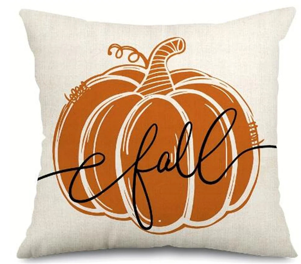 A vintage autumn pumpkin design printed on a beige pillow cover.
