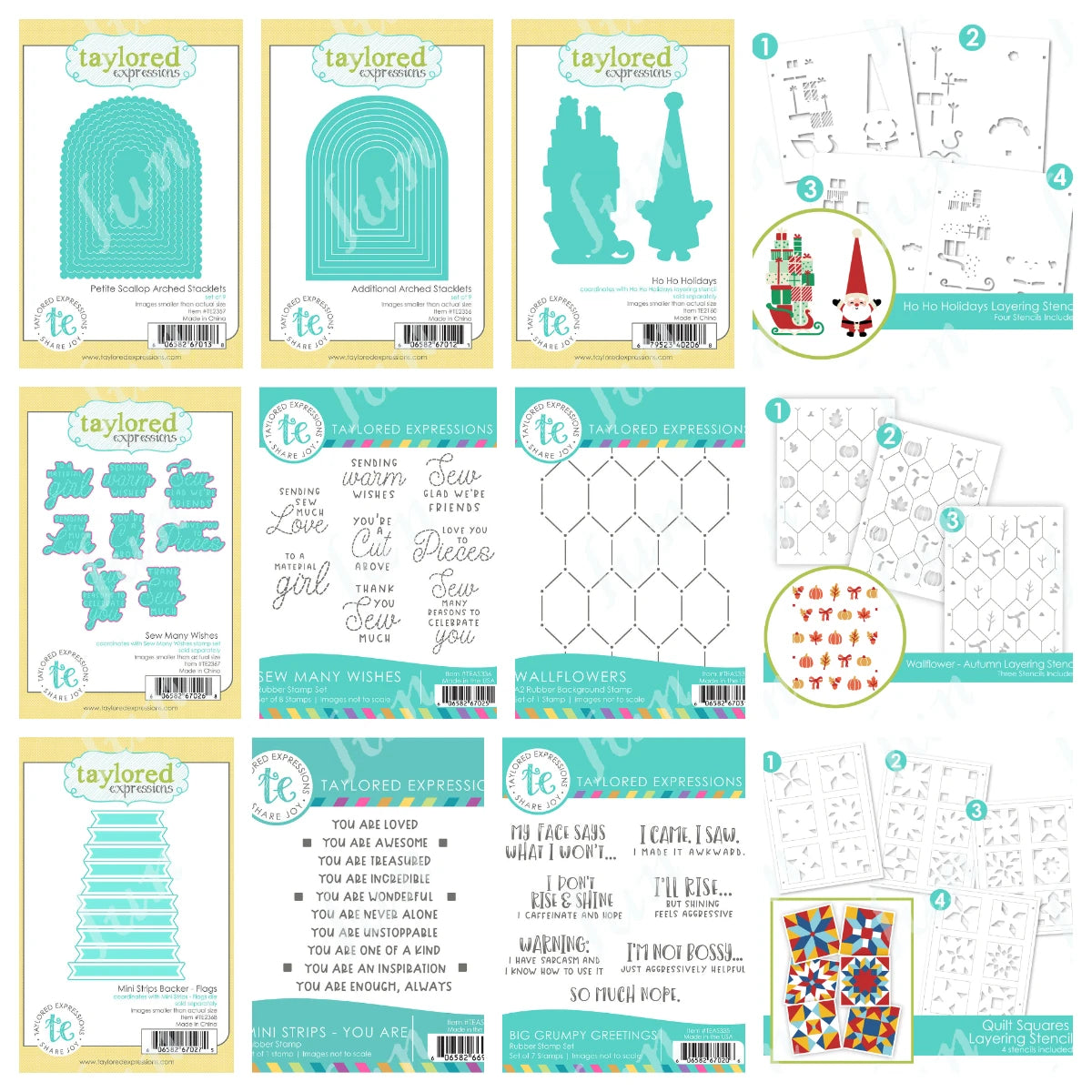 A set of layered quilt squares, stencils, and metal cutting dies for DIY scrapbooking projects.