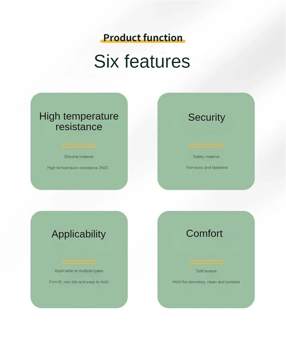 Product features include high temperature resistance, security, applicability to multiple types, and comfort.