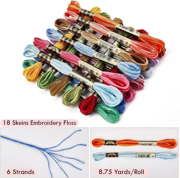 A set of 18 skeins of gradient embroidery floss in various colors and shades.
