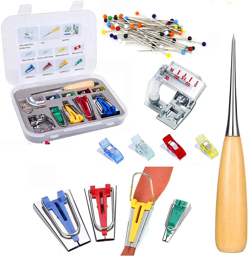 A set of professional sewing bias binder tools including various needles, pins, and binding accessories.