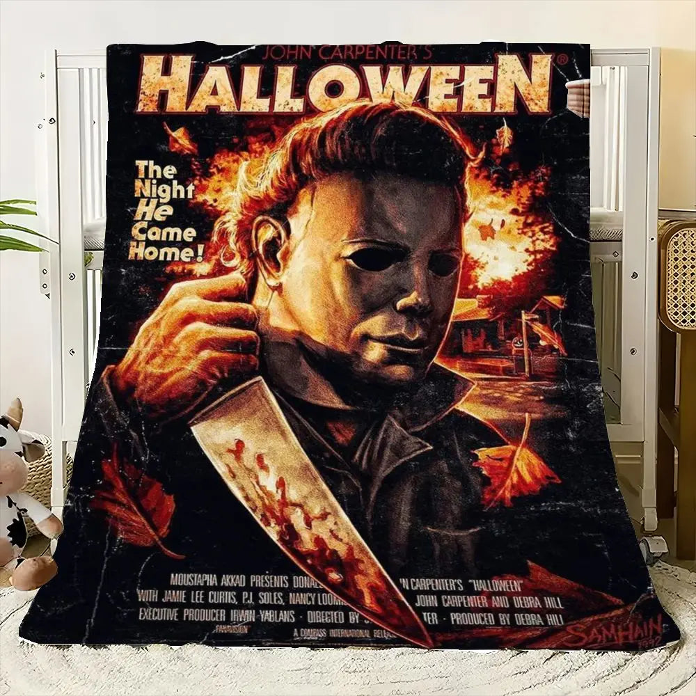 A movie poster featuring a dramatic close-up of a man in a dark coat with fiery background and Halloween text.