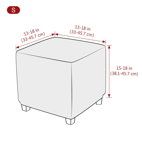 A square ottoman slipcover with dimensions of 13-18 inches in height and width.