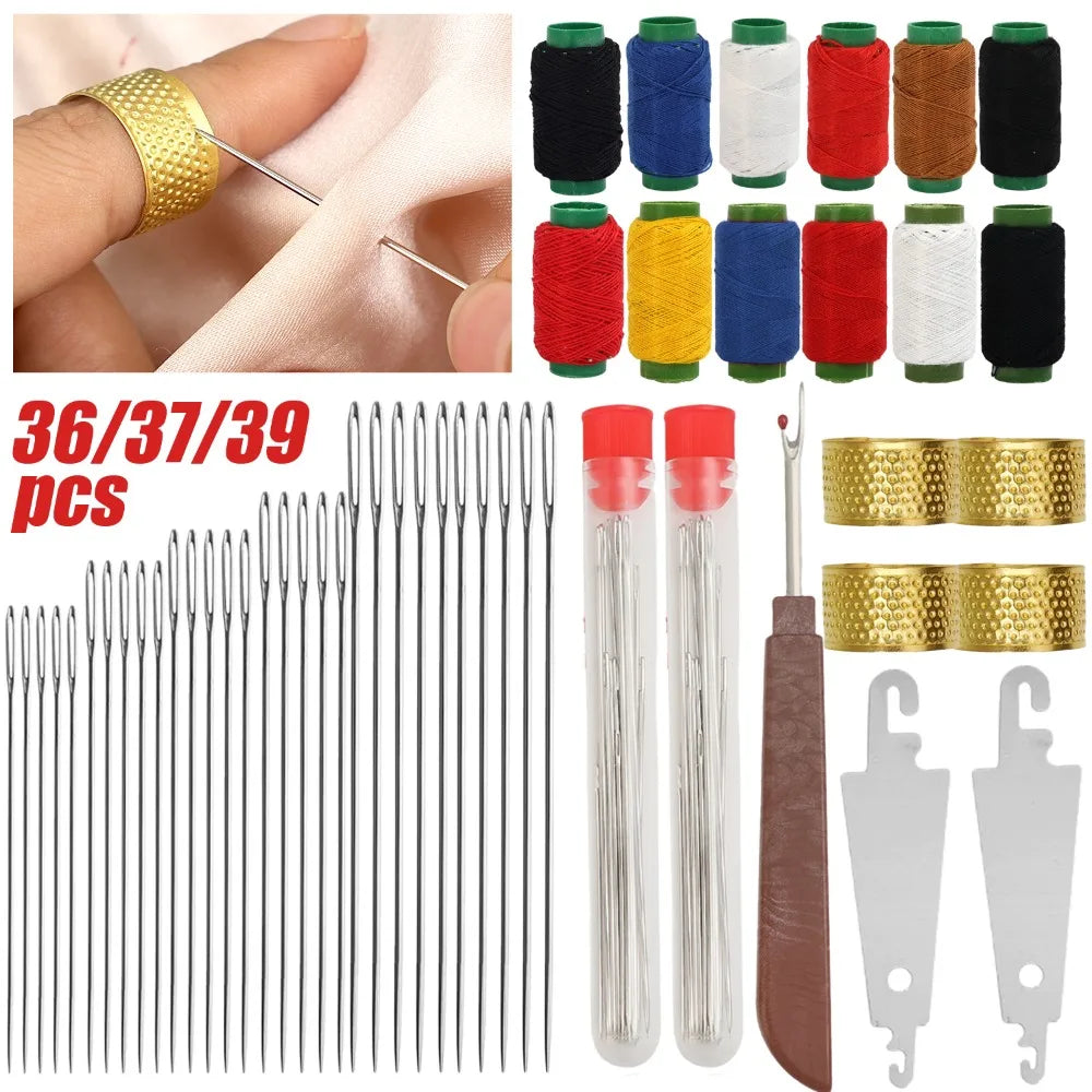 A precision sewing kit showing hand needles, a thimble, and a threader set with various colored threads and tools.