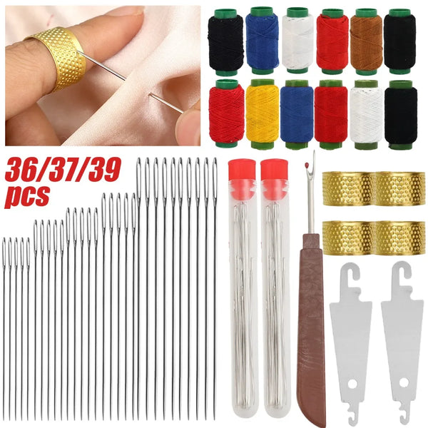 A precision sewing kit showing hand needles, a thimble, and a threader set with various colored threads and tools.