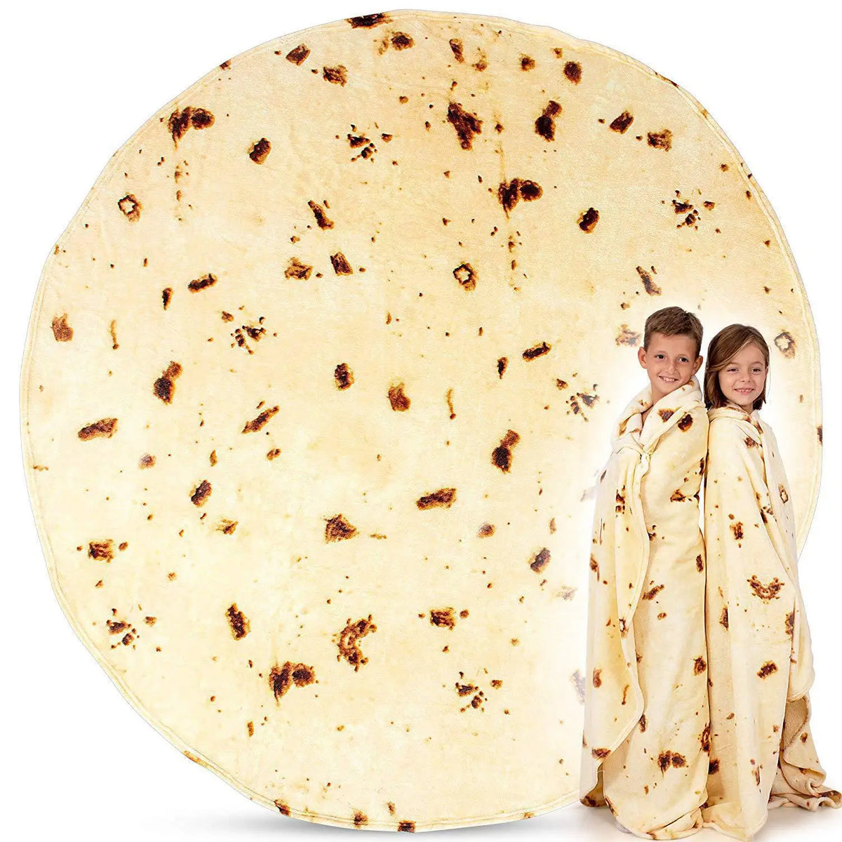 A light tan tortilla blanket throw with dark brown spots, next to two children.