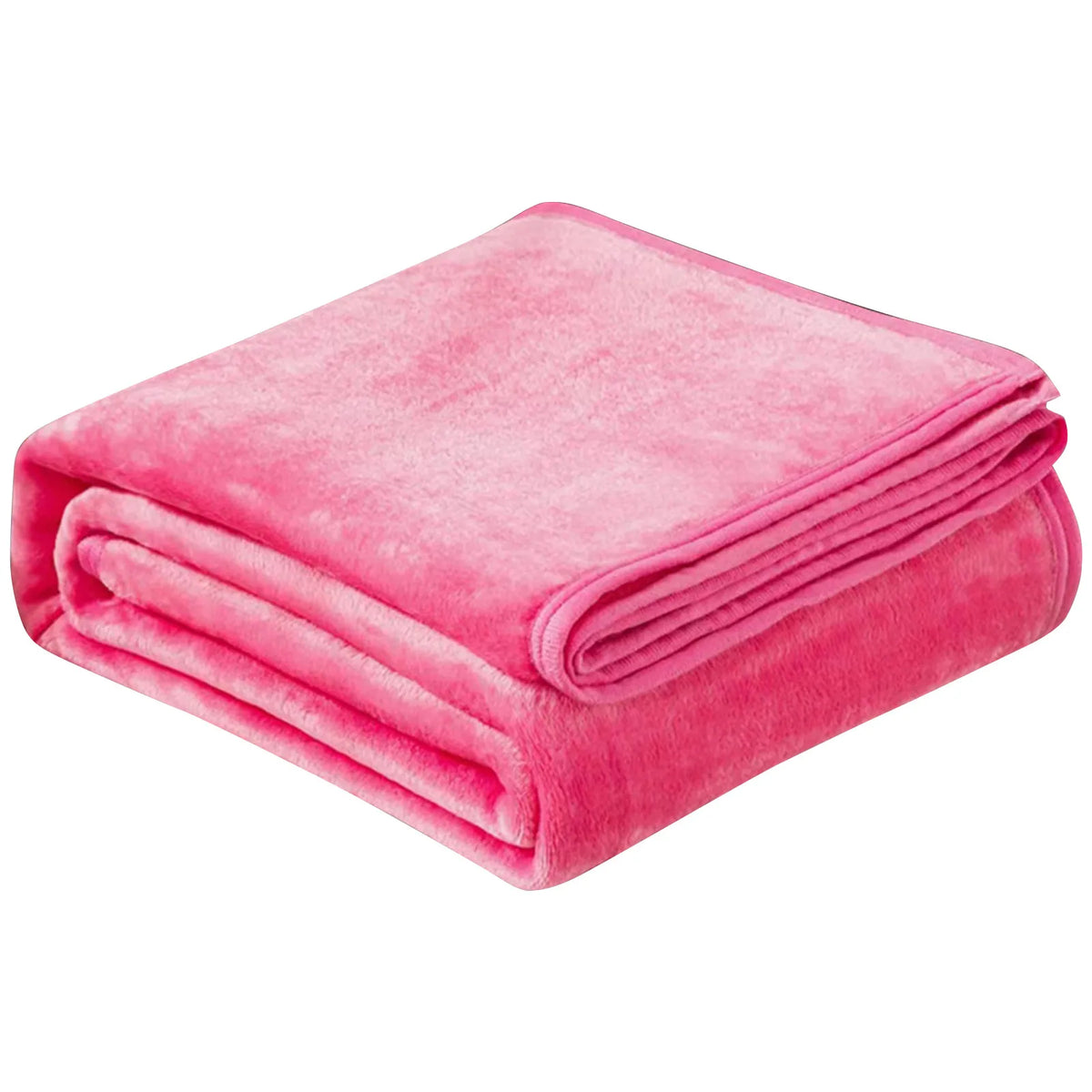 A folded coral pink fleece throw blanket.