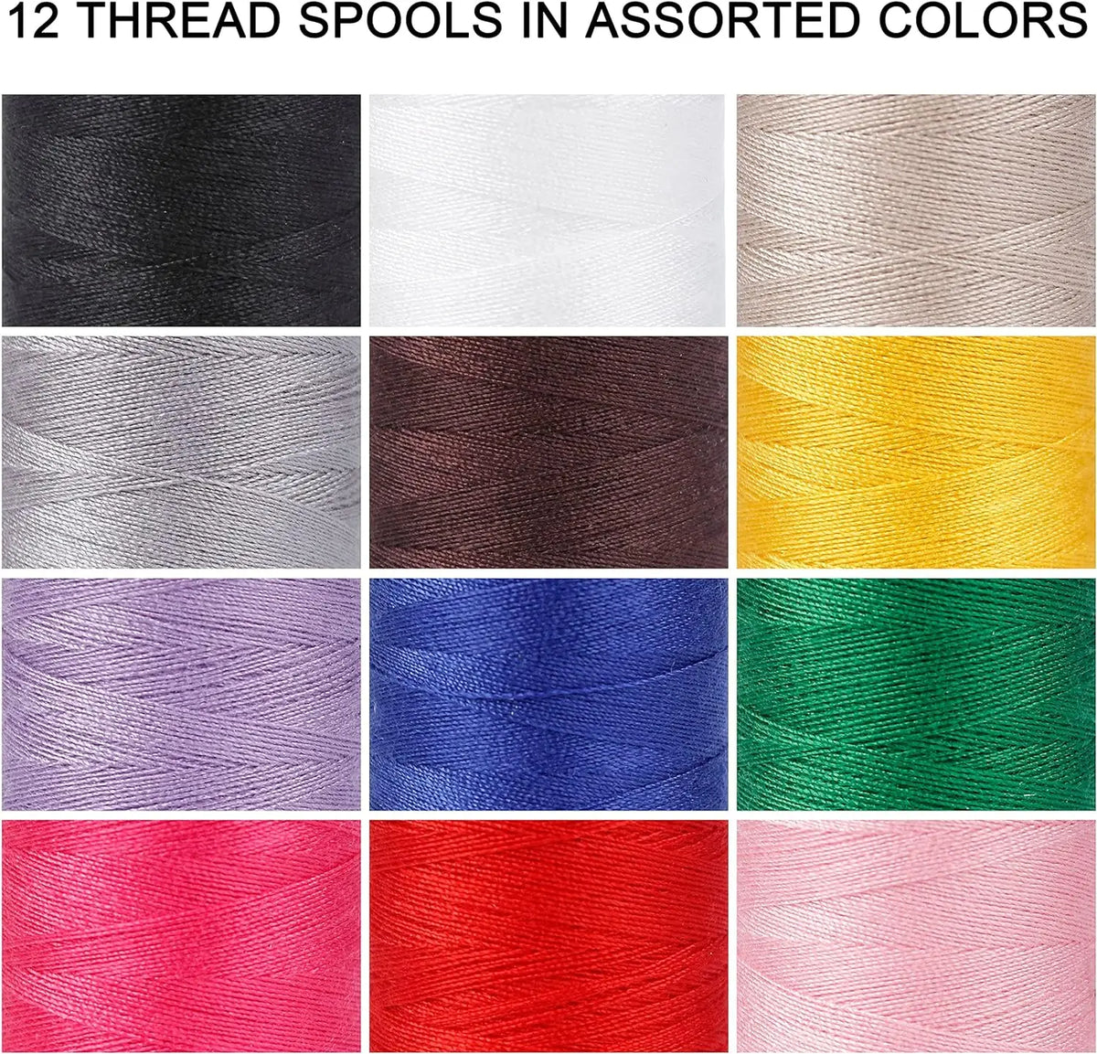 A collection of twelve assorted colored polyester sewing threads in various shades including black, white, gray, brown, yello
