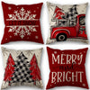 Four festive pillow covers featuring winter and holiday designs in red, white, and gray tones.