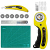 Yellow precision rotary cutter kit with a blade holder and a cutting mat.