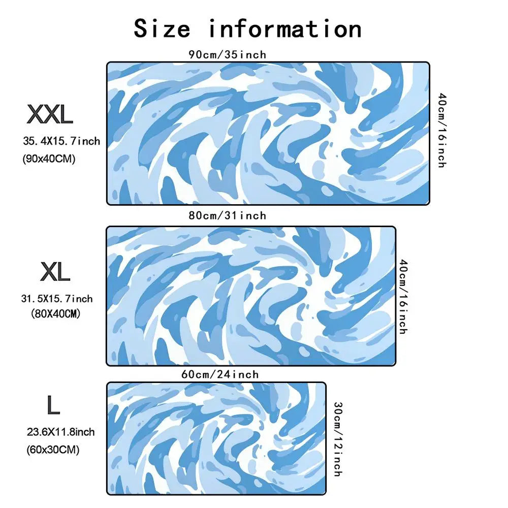 A comparison chart showing the size information for XXL, XL, and L versions of a large art vortex mouse pad.