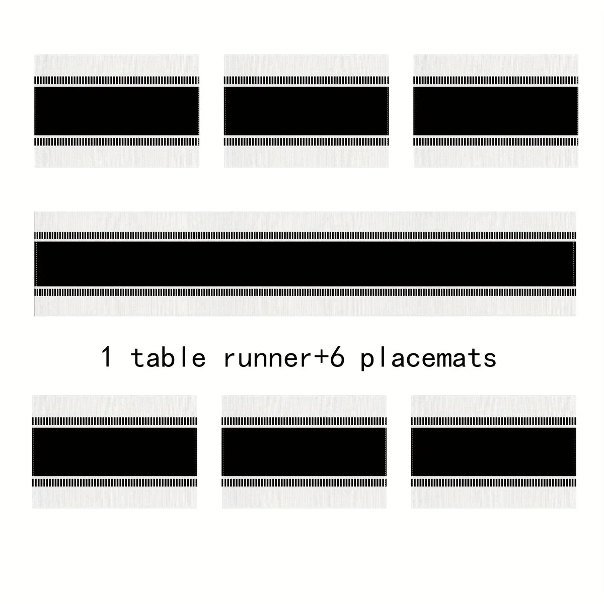 A set of black and white table runners and placemats.