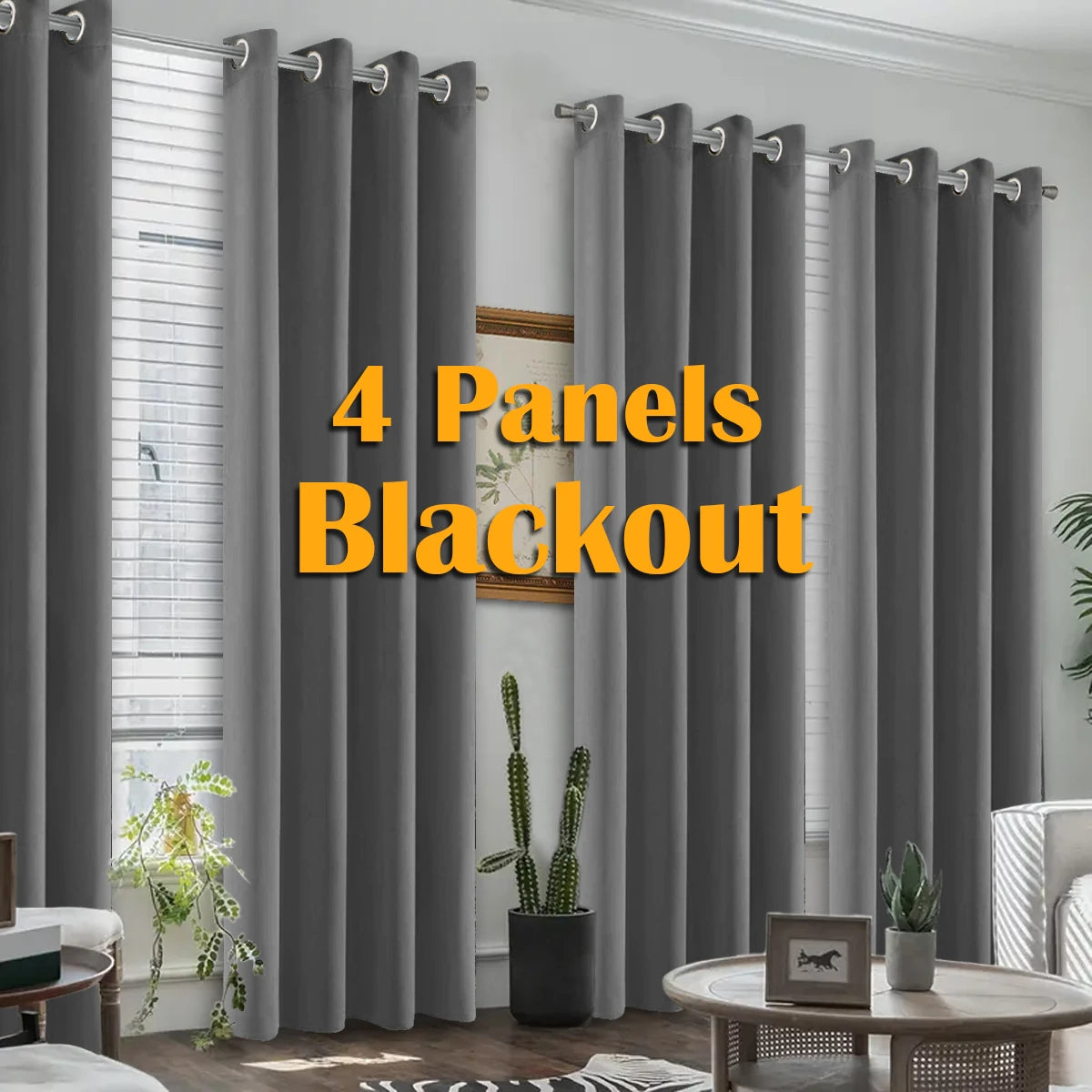A set of four gray blackout curtains hanging in a window, shown in a modern interior setting.