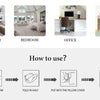 Instructions for using a pink bow pattern decorative pillow cover: fluff, fold in half, put into the pillow cover, and zip up