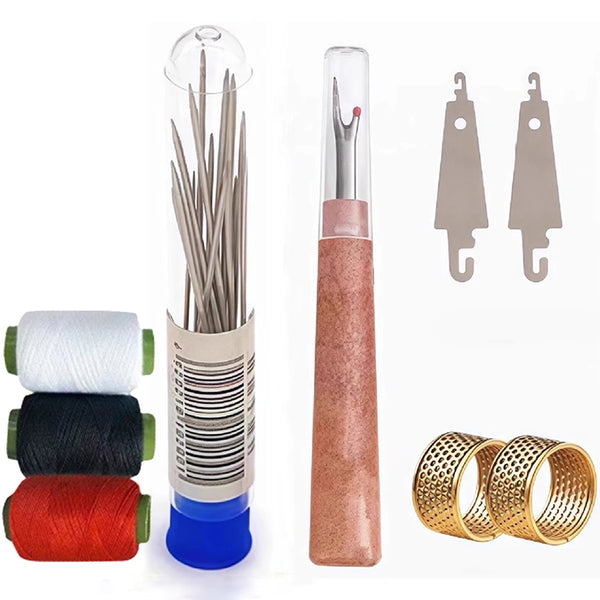 A precision stainless steel sewing needle kit showing various needles, thread spools, and a glass tube container.