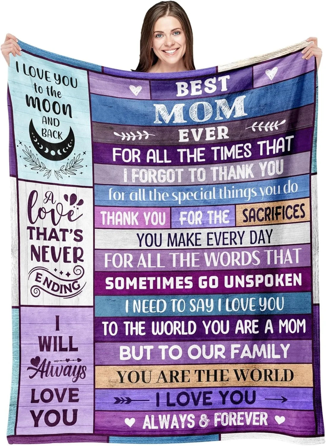 A purple and teal throw blanket featuring inspirational text about loving a mom and family