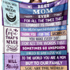 A purple flannel throw blanket with white text celebrating motherhood and love