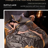 A model is relaxing on a bed covered with a silky gray and gold ice silk blanket set.