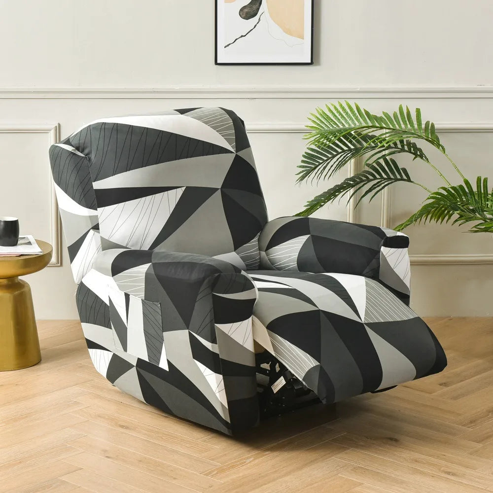 A modern armchair with a black and white geometric pattern sits on a light wood floor.