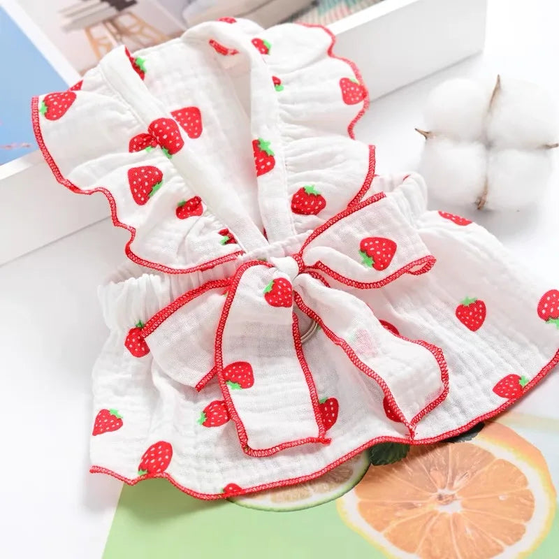 White strawberry print dog dress for small breeds with red trim