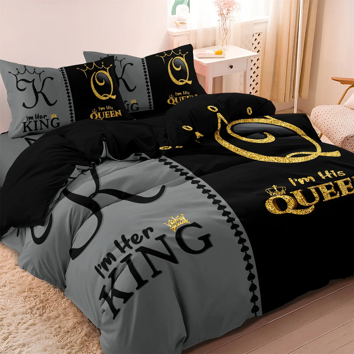 Black and gray duvet cover set featuring royal crown king and queen designs