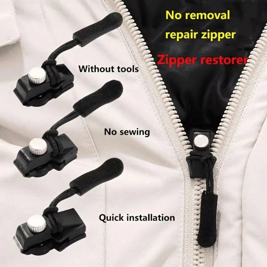 A close-up of a zipper repair kit showing a zipper restorer being installed on a white jacket.