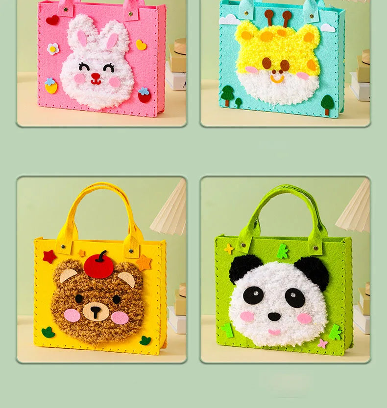 Four felt animal craft kits featuring rabbits, cats, bears, and pandas in pink, blue, yellow, and green.