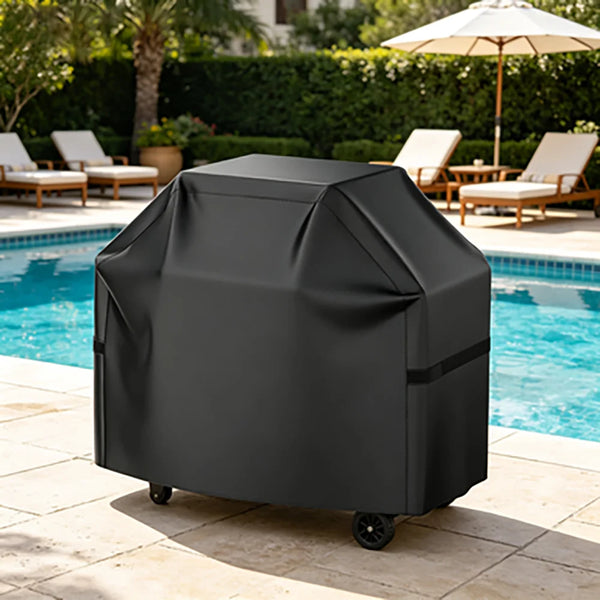 A black heavy-duty waterproof grill cover is placed on a patio next to a swimming pool.