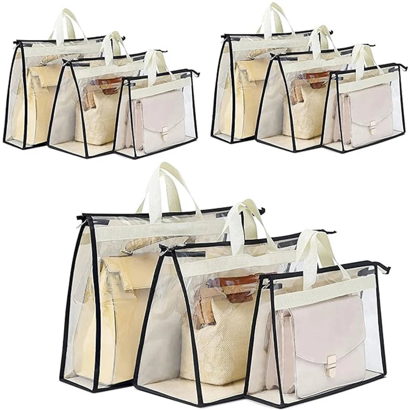 Set of clear and white dustproof storage bags for handbags with fabric handles