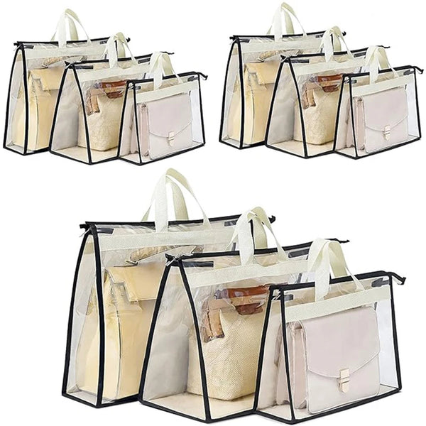 Set of clear and white dustproof storage bags for handbags with fabric handles