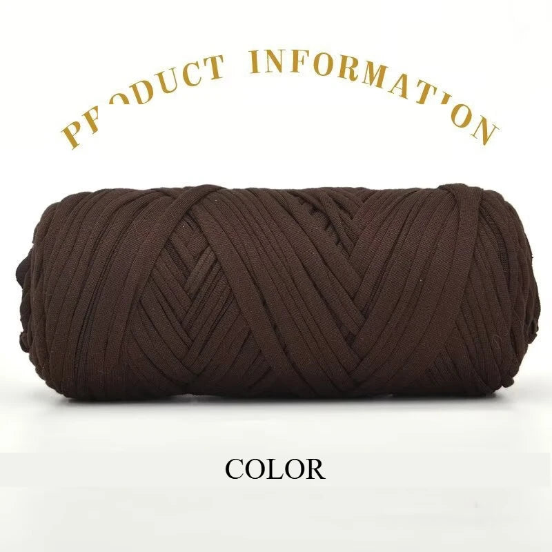 A ball of dark brown thick polyester blended yarn for crafting with duct information text above it.