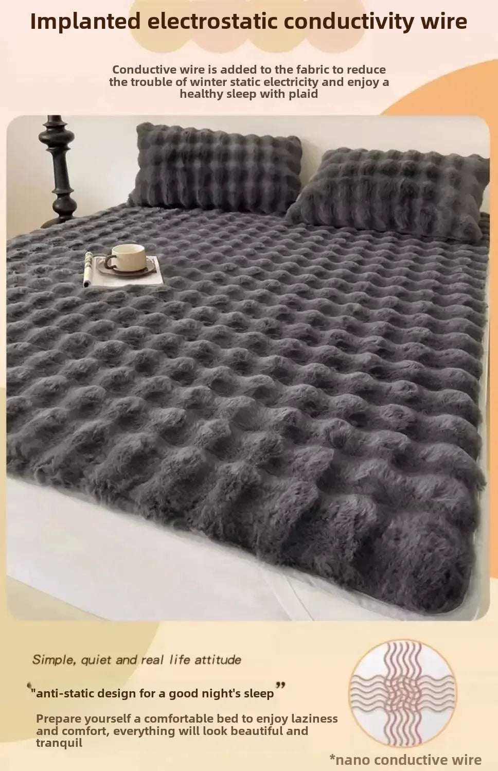 A thick gray blanket with a quilted pattern is shown on a bed, illustrating an implanted electrostatic conductivity wire prod