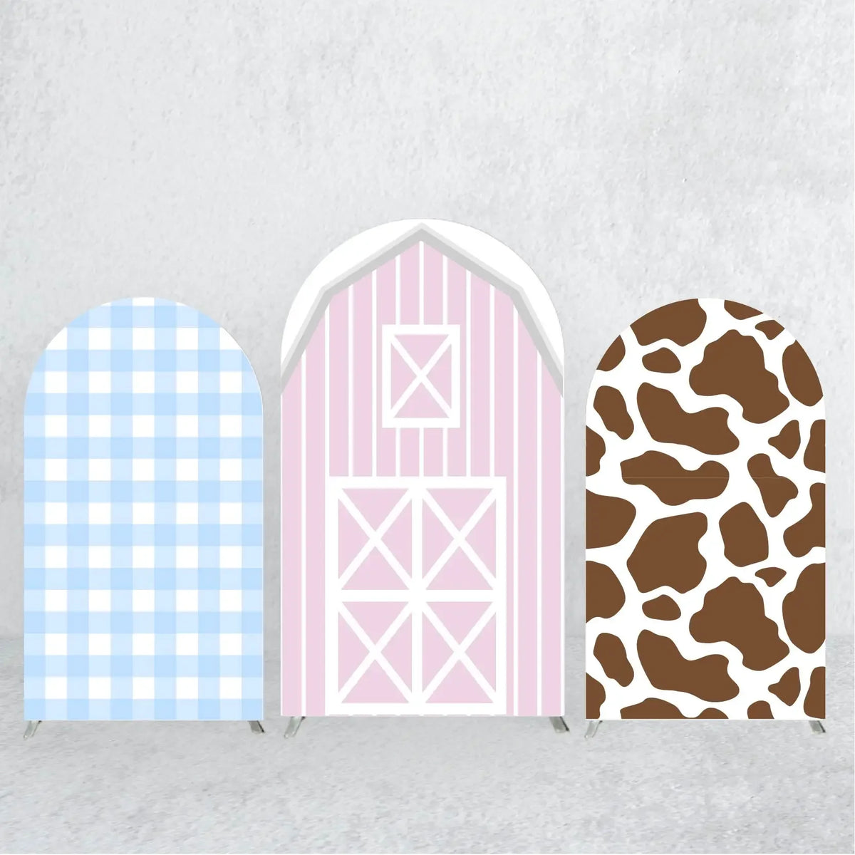 Three vertical fabric panels in blue gingham, pink stripes, and brown leopard print for an elegant party arch backdrop.