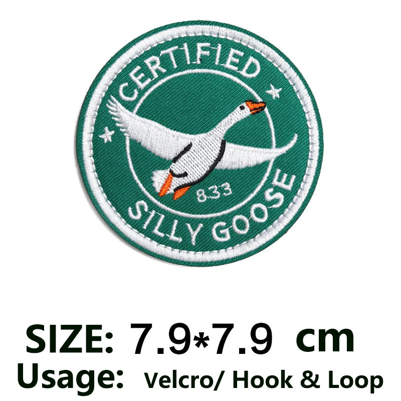 Embroidered patch featuring a white goose on a green circle with text and the number 833