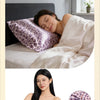 A woman is shown using a leopard print satin pillowcase, emphasizing its delicate and skin-friendly features.