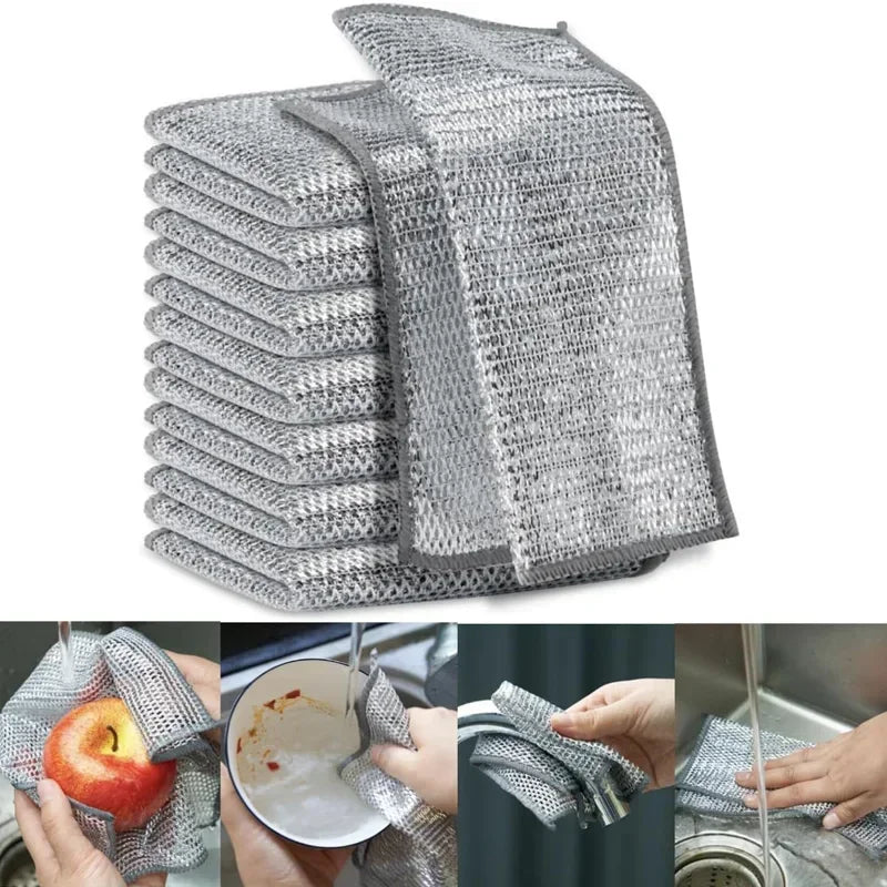 Stack of gray thickened double-sided metal scouring dish cloths shown in various uses.