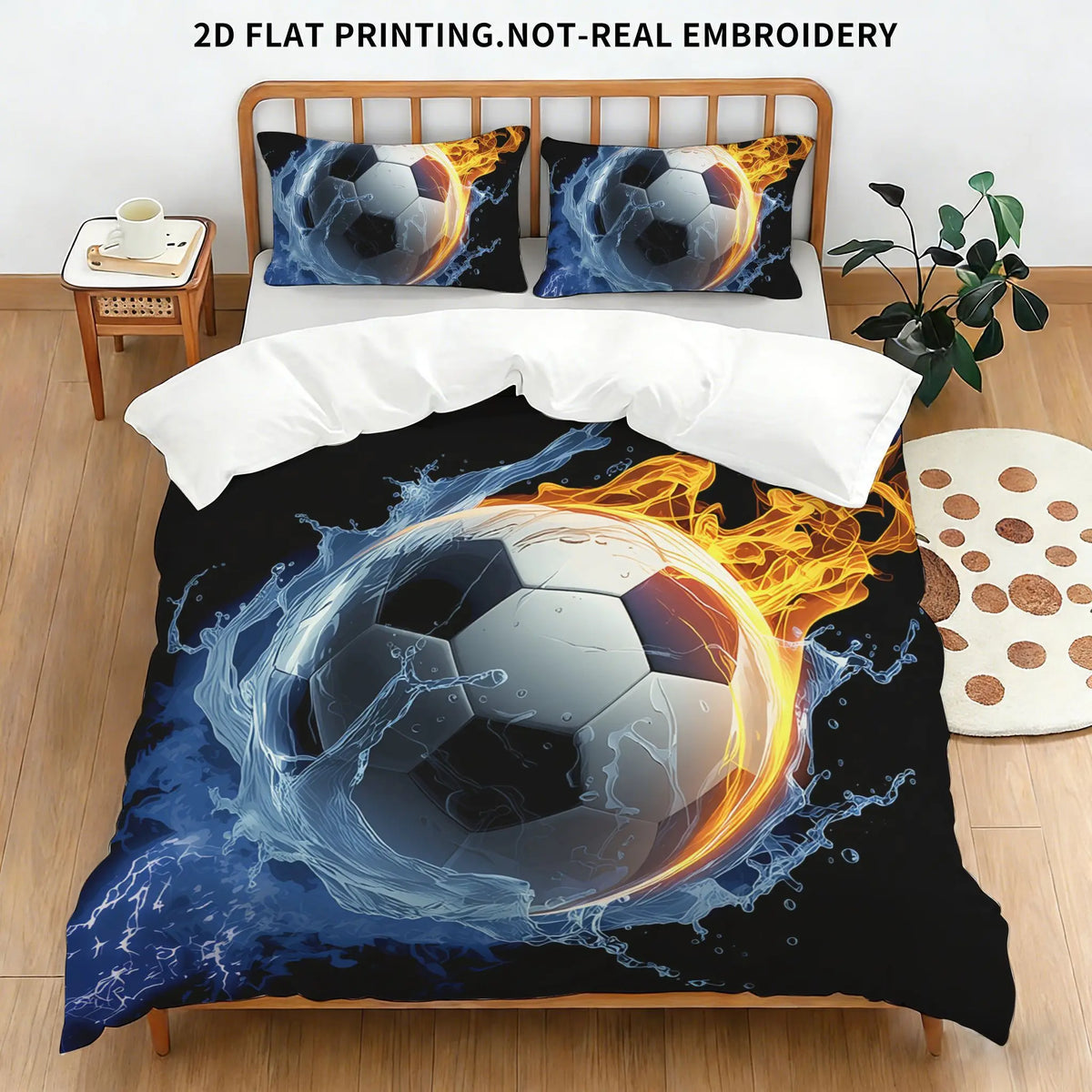 2D flat printing soccer ball bedding set featuring a soccer ball design on pillows and a duvet cover