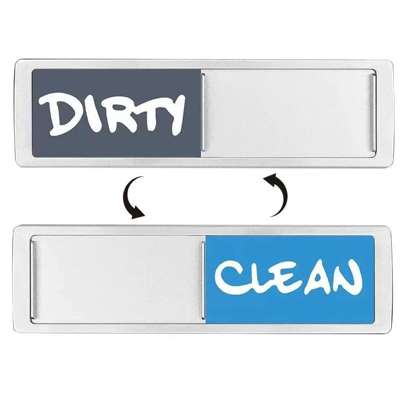A magnetic dish indicator showing two compartments labeled DIRTY and CLEAN.