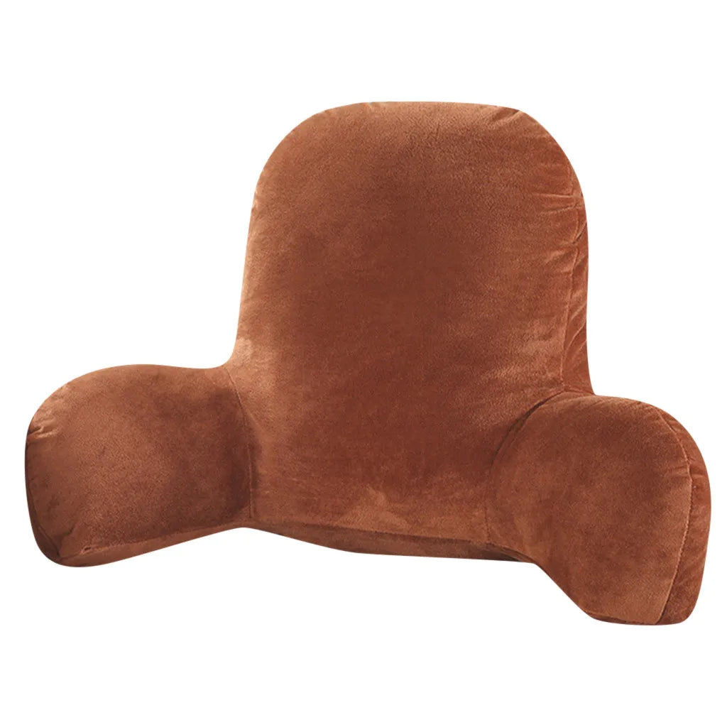 A brown plush lumbar support cushion with arms shown from the side.
