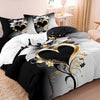 Black and white duvet cover featuring a romantic floral design with gold scroll accents.