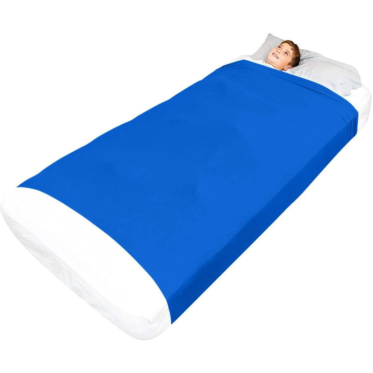 A child is lying on a bright blue breathable stretchy sensory bed sheet.