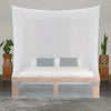 A single opening encrypted mosquito net is suspended over a wooden bed frame for bedroom protection.