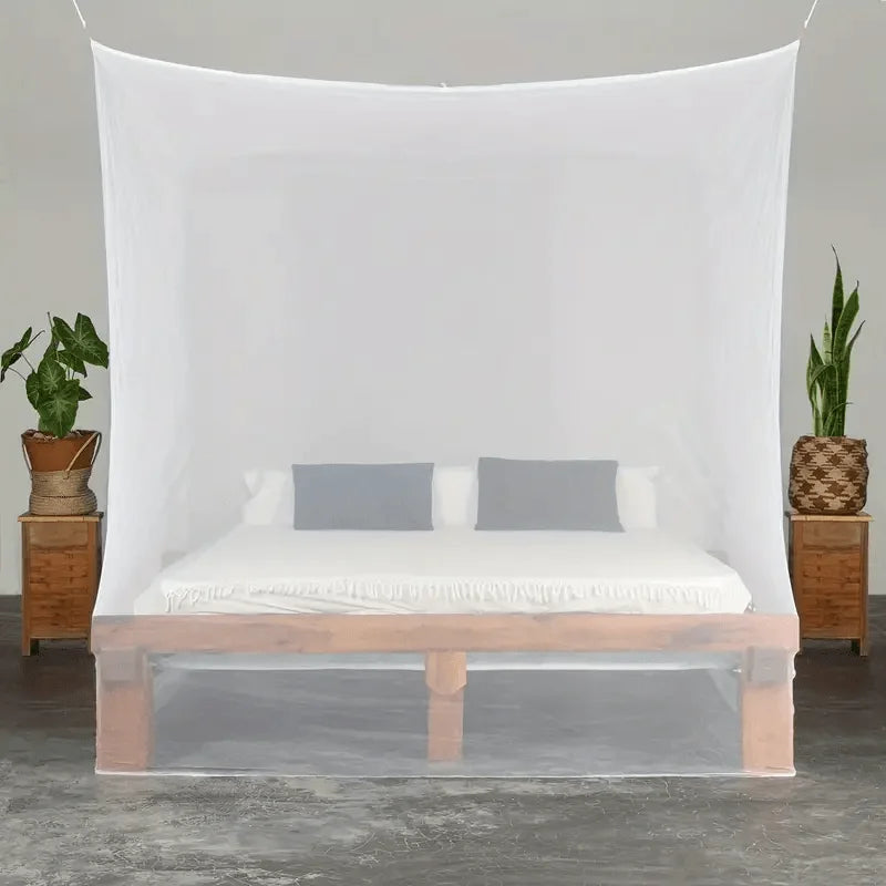 A single opening encrypted mosquito net is suspended over a wooden bed frame for bedroom protection.