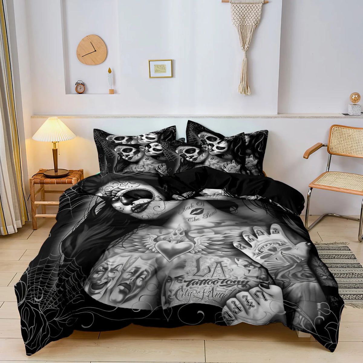 Black duvet cover featuring a detailed graphic of sugar skulls and skulls in a gothic style