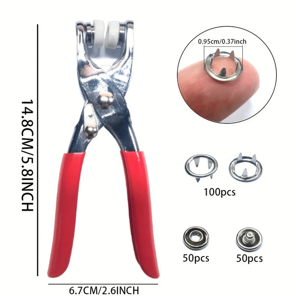 A pair of silver metal sewing buttons and snaps with red handles shown next to various sizes and quantities.