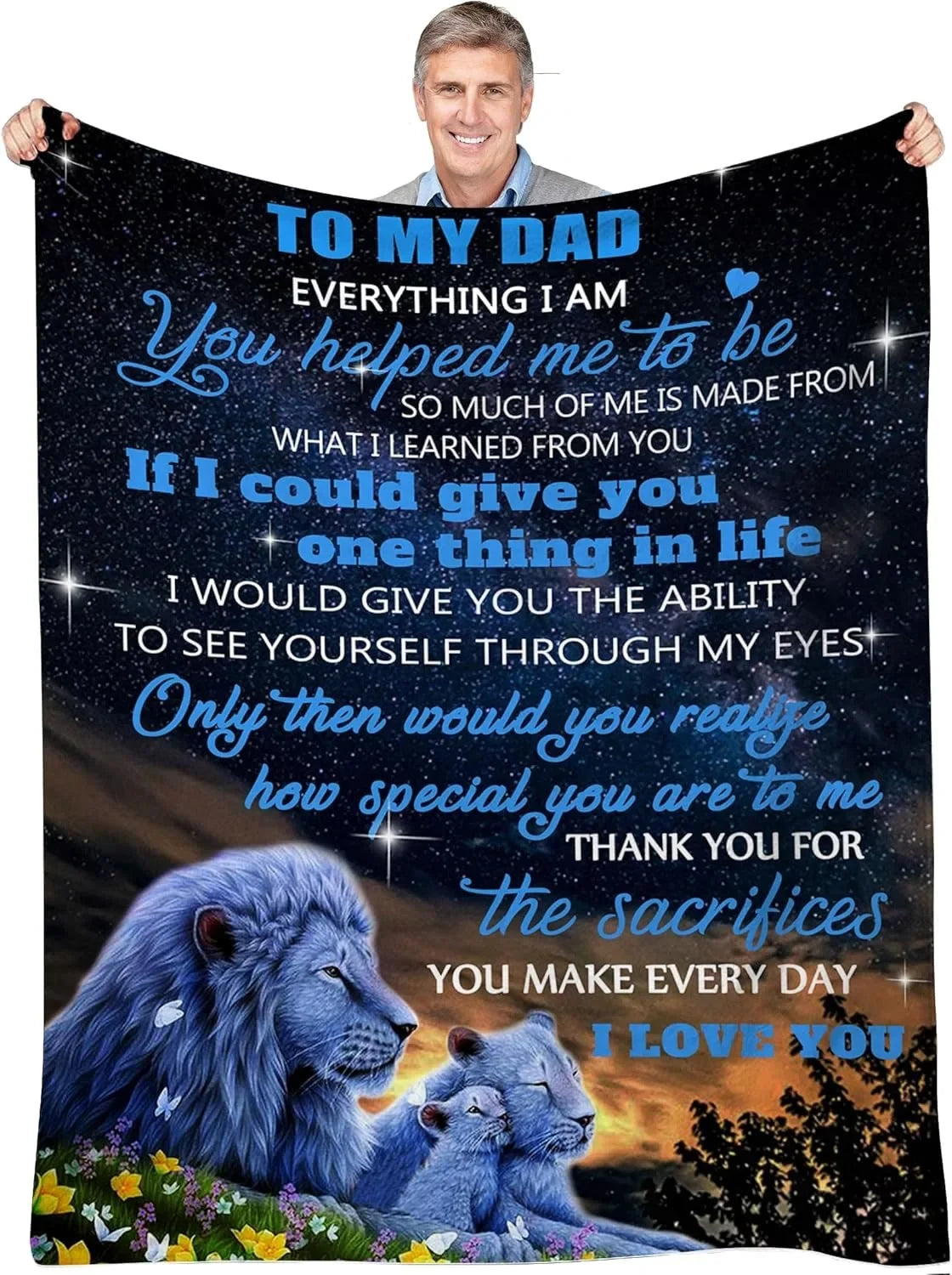 A printable knit blanket featuring a father and son theme with a lion and a cub illustration.