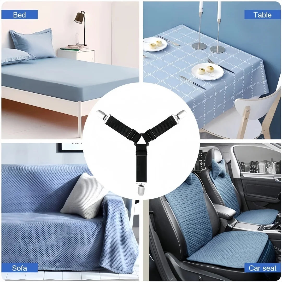 Set of adjustable triangle bed sheet clips used for securing bedding.
