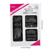 A package of 55 silver eye hand sewing needles with a jumbo size included in a black plastic case.