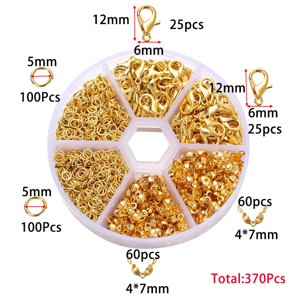 Bulk jewelry making kit containing various gold-colored lobster clasp findings in different quantities and sizes.
